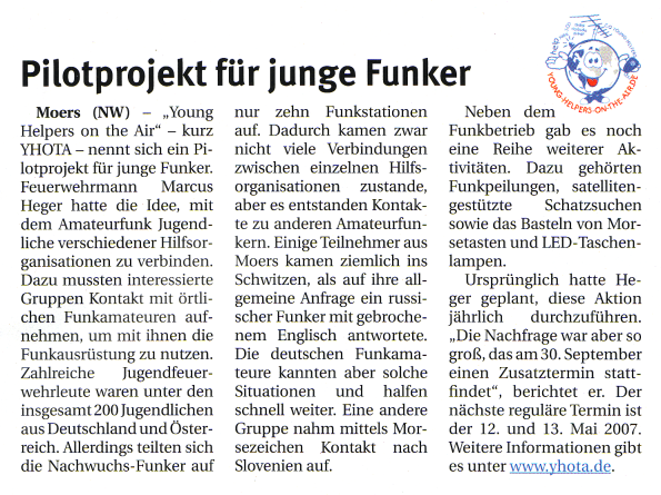 Feuerwehr Magazin, Pilotprojekt f&uuml;r junge Funker